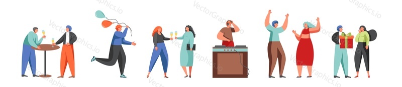 Šťastní mladí muži a ženy kreslené postavičky slaví událost, vektorová plochá ilustrace izolovaná na bílém pozadí. Happy Birthday výročí firemní večírek nebo jiná událost oslava.