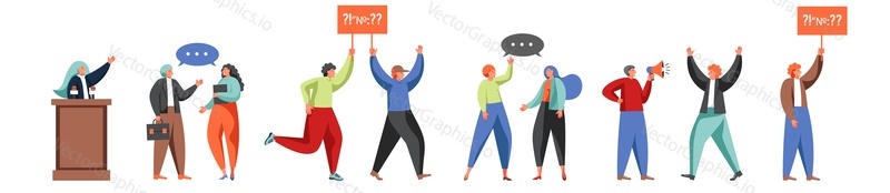 Lidé zapojení do politiky, vektorová plochá izolovaná ilustrace. Politik, politický kandidát, aktivista, řečník mužské a ženské postavy. Politické setkání, volební kampaň, debata, protest.