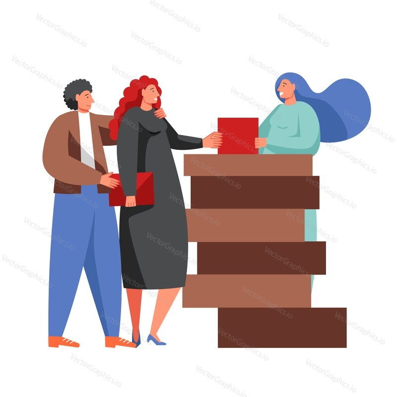 Restaurace recepční žena a pár návštěvníků kreslené postavičky stojící na recepci, vektorové ploché ilustrace izolované na bílém pozadí. Restaurace catering podnikání.