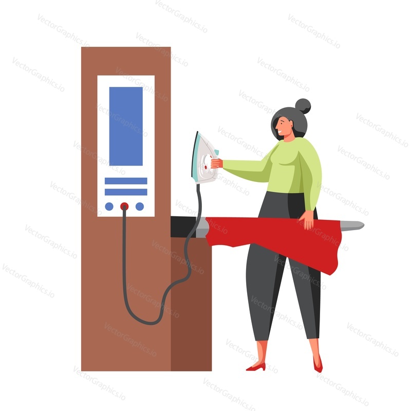 Švadlena švadlena žehlení červené šaty, vektorové ploché ilustrace izolované na bílém pozadí. Módní šicí studio, ateliér, zakázkové oblečení.