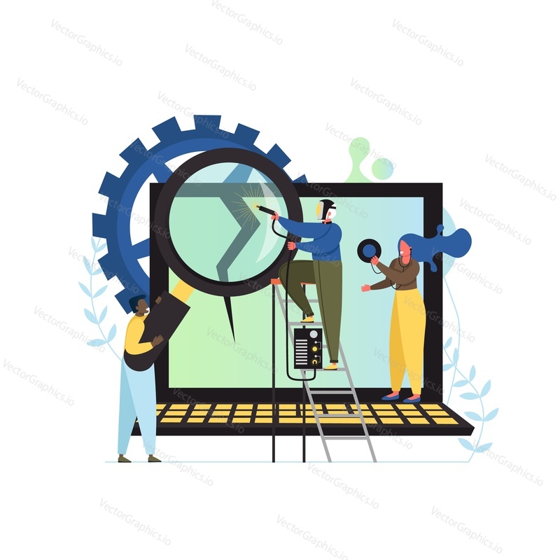 Computer repair service, vector flat style design illustration. Tiny people technicians repairing broken laptop screen. Computer installation, maintenance, recovery, diagnostics services concept.