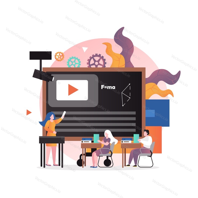 Huge digital class board and micro characters students and teacher, vector illustration. School lesson, flipped class, smart education technologies concept.