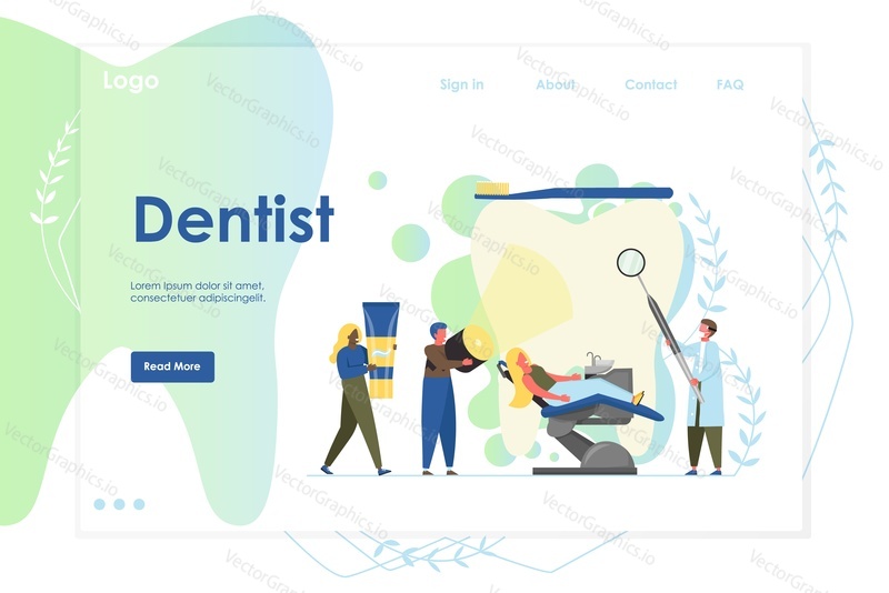 Dentist vector website template, web page and landing page design for website and mobile site development. Medical dental checkup, tooth treatment, oral health, professional dental care concept.
