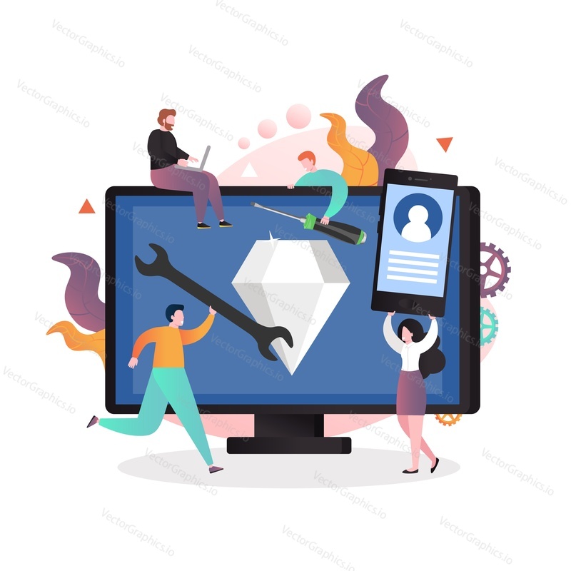 Diamond on huge computer monitor screen and micro male and female characters with wrench, screwdriver, mobile phone, laptop, vector illustration. Business startup concept for web banner, website page.
