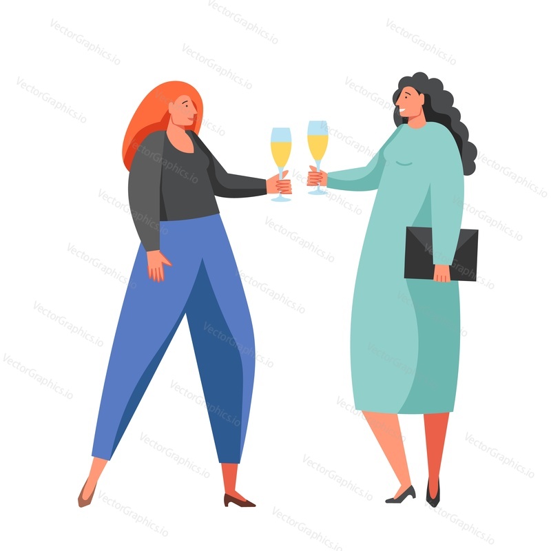 Dvě ženy se opékaly, zatímco cinkaly skleničky na šampaňské, vektorová plochá ilustrace izolovaná na bílém pozadí. Happy Birthday výročí firemní večírek nebo jiná událost oslava.