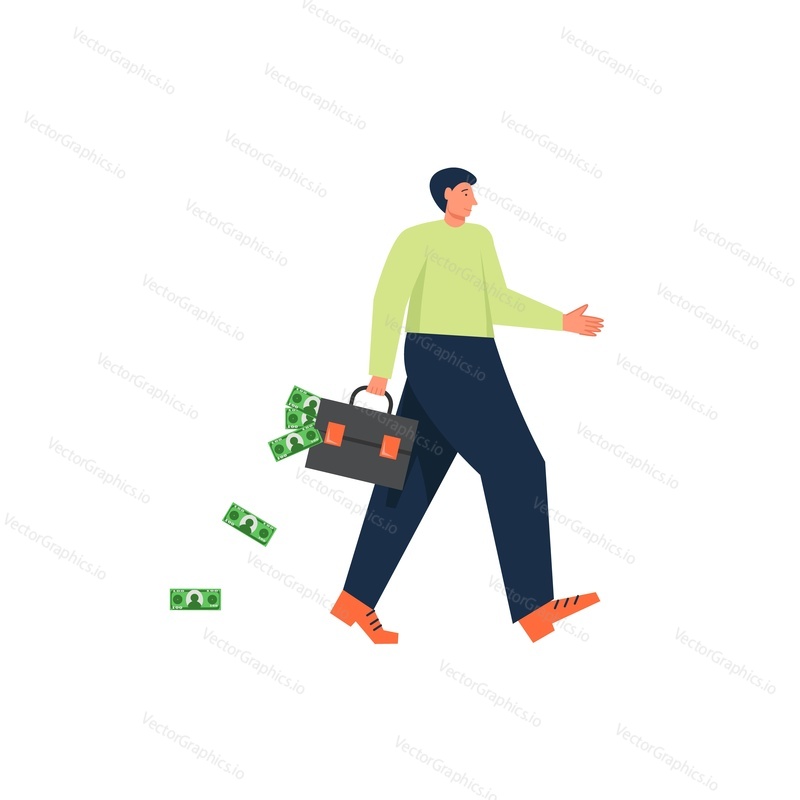 Podnikatel s kufříkem plným peněz, vektorový plochý designový obrázek izolovaný na bílém pozadí. Koncept bankovního úvěru pro webový banner, webovou stránku atd.