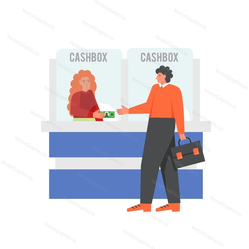 Bankovní pokladna, vektorový plochý design ilustrace izolované na bílém pozadí. Bankovní a finanční koncept s bankovním pokladníkem poskytujícím zákaznické služby pro webový banner, webovou stránku atd.