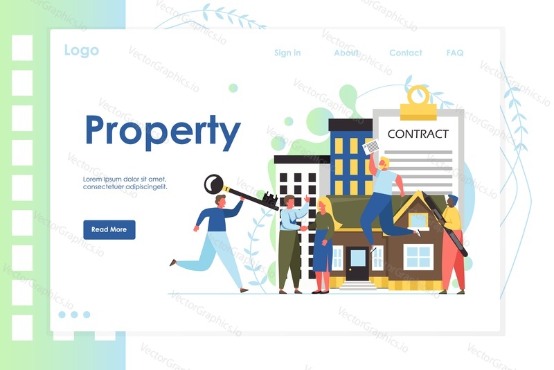 Property vector website template, web page and landing page design for website and mobile site development. Real estate agents and customers buying selling or renting houses.