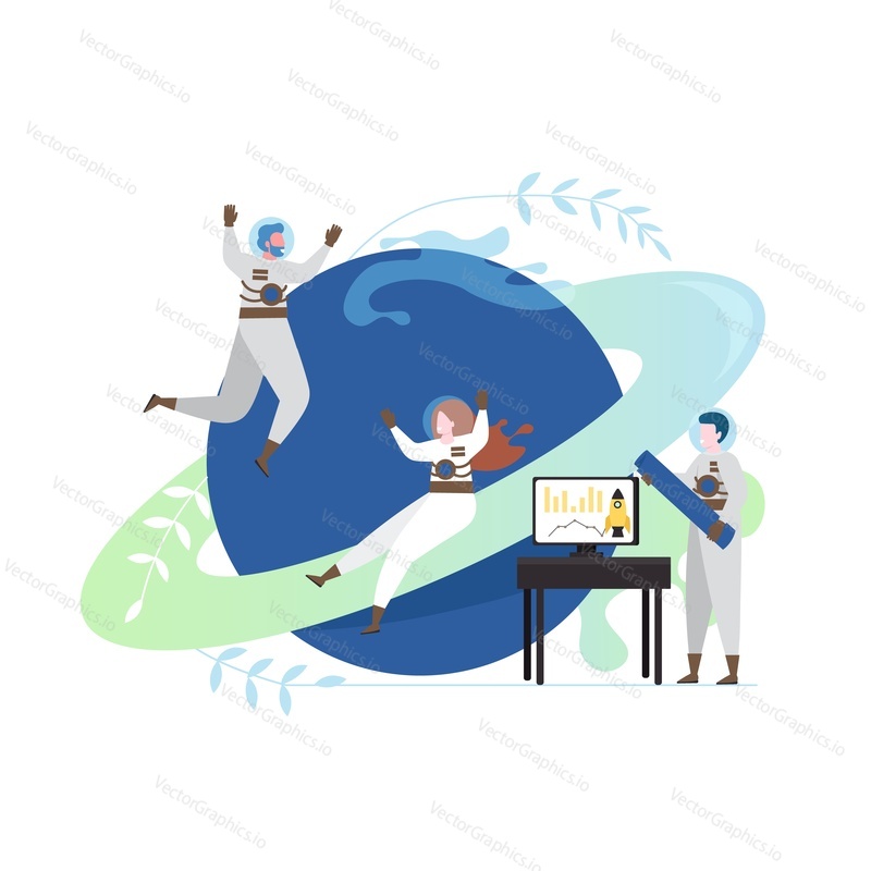 Astronauts spacewalkers next to Saturn planet, vector flat style design illustration. Space expedition, travel, walk in open space concept for web banner, website page etc.