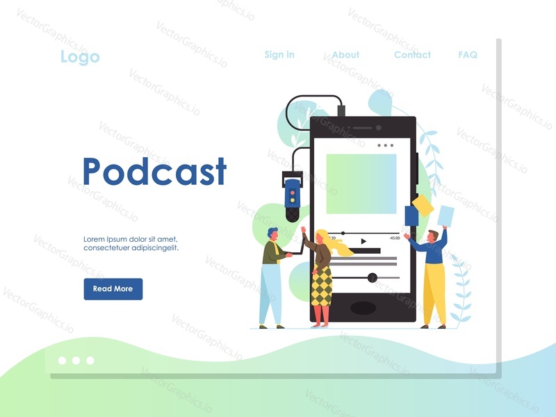 Podcast vektorová webová šablona, webová stránka a design vstupní stránky pro vývoj webových stránek a mobilních stránek. Podcast player radio App koncept.