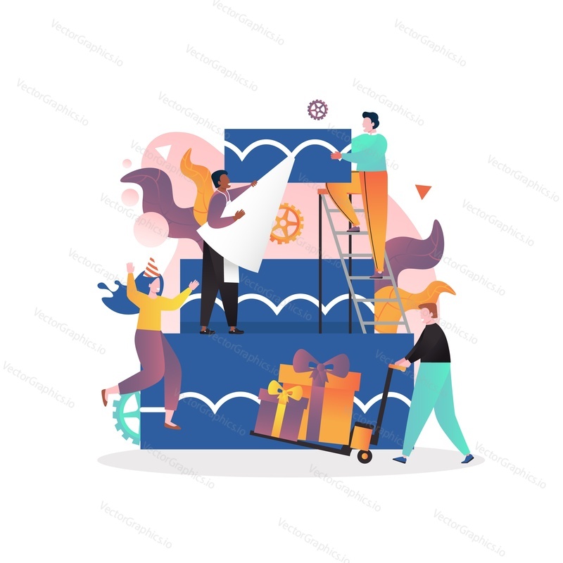 Drobné postavy zdobení Velký narozeninový dort se smetanou, vektorové ilustrace. Pekárna, služby výroby dortů, cukrářská kompozice pro webový banner, webovou stránku atd.