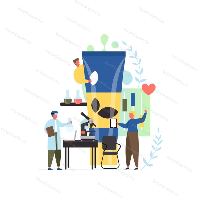Skincare and cosmetics laboratory, vector flat illustration. New cosmetic product big cream tube and tiny people team of lab experts, equipment. Cosmetic industry concept for web banner, website page.