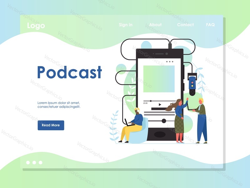 Podcast vektorová webová šablona, webová stránka a design vstupní stránky pro vývoj webových stránek a mobilních stránek. Velký smartphone, drobní lidé, kteří poslouchají podcastové programy na různých digitálních zařízeních.