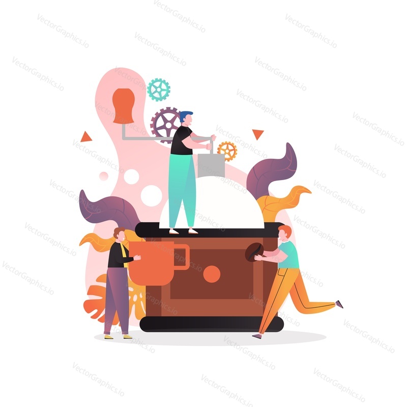 Tiny characters barista team making coffee using big hand coffee grinder, vector illustration. Coffee shop, coffeehouse, professional barkeeper training composition for web banner, website page etc.