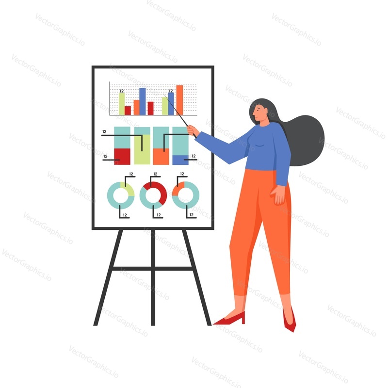 Obchodní prezentace, vektorový plochý design ilustrace. Mladá žena přednáší, ukazuje na grafy na flip chart desce. Obchodní workshop, koncept školení pro webový banner, webovou stránku atd.