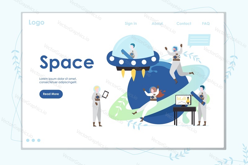 Šablona webu Space vector, návrh webové stránky a vstupní stránky pro vývoj webových stránek a mobilních stránek. Spacewalk, spuštění létajícího talíře, letový test, koncept nových vesmírných technologií.