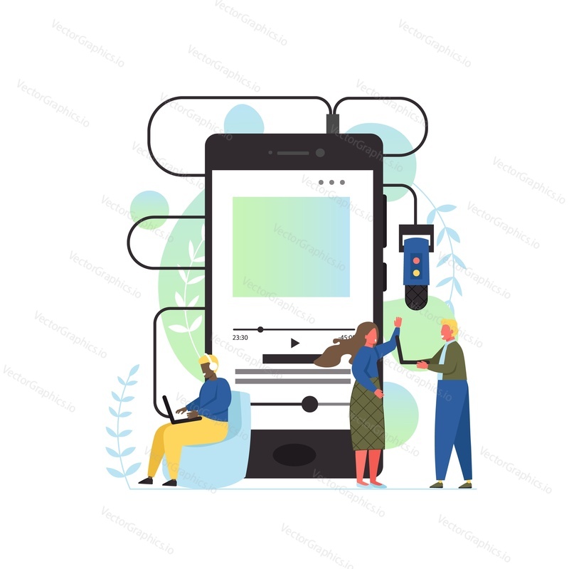 Podcast vector plochý styl designu ilustrace. Velký smartphone a drobní lidé, kteří poslouchají podcastové zvukové programy na mobilním telefonu, přenosném počítači, přenosném přehrávači médií.