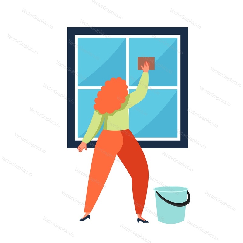 Žena mytí okna s látkou, vektorový plochý styl design ilustrace izolované na bílém pozadí. Úklidové služby společnosti, koncept čištění oken pro webový banner, webovou stránku atd.