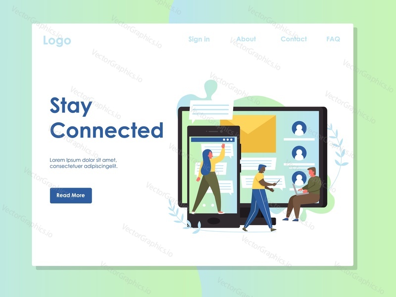 Stay connected vector website template, web page and landing page design for website and mobile site development. Stay in touch using mobile phone, computer, tablet, messaging app concept.