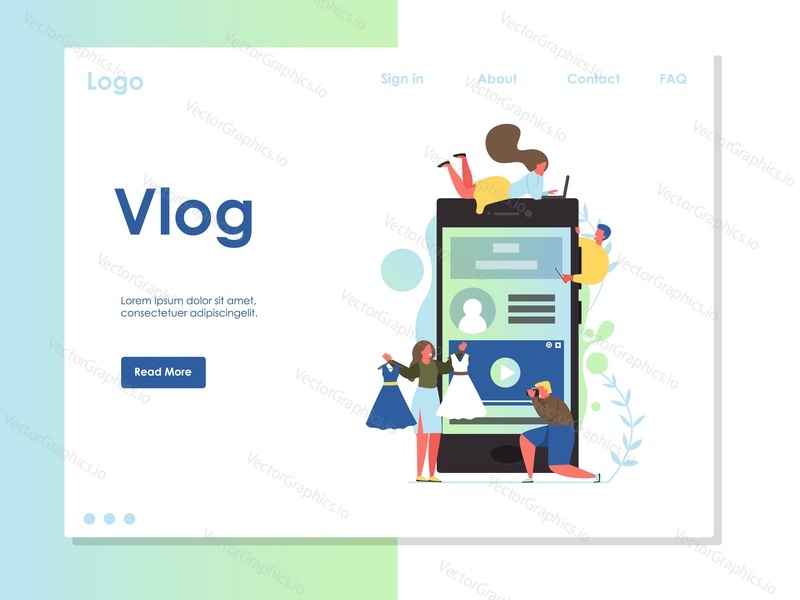 Vlog vector website template, web page and landing page design for website and mobile site development. Video blogging, vlogging concept with big mobile phone and tiny characters.