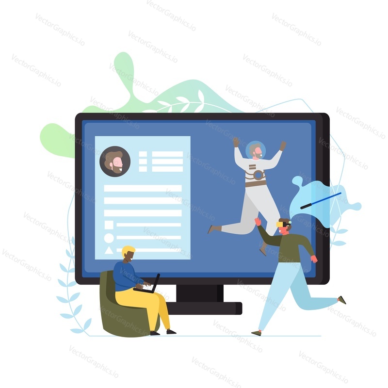 Virtual reality games, vector flat illustration. Big computer with spaceman on display, tiny people playing VR games using laptop and vr glasses. Virtual reality game on pc computer concept.