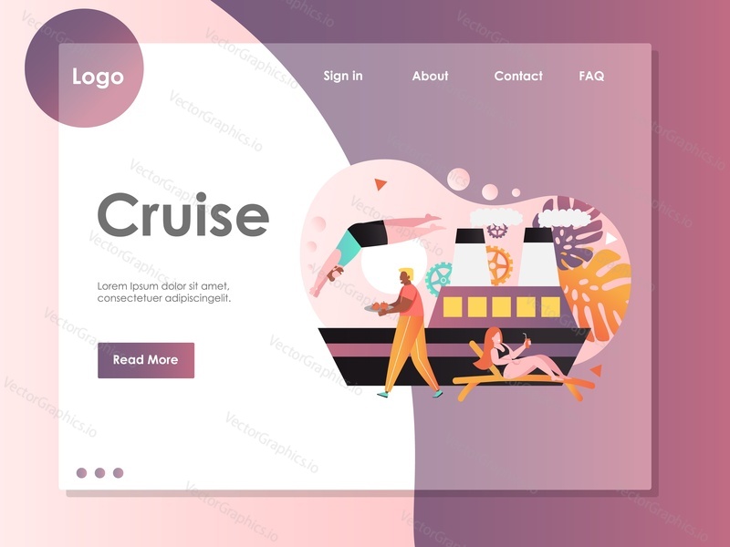 Šablona webových stránek Cruise vector, design webových stránek a vstupních stránek pro vývoj webových stránek a mobilních stránek. Plavba po moři, letní dovolená, koncept plavby.
