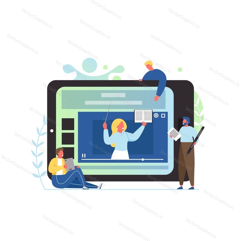 Video lekce, vektorový plochý styl designu ilustrace. Velký tablet s učitelem na obrazovce, malé postavy. Online vzdělávání, e-learning, koncept online školení pro webový banner, webovou stránku atd.