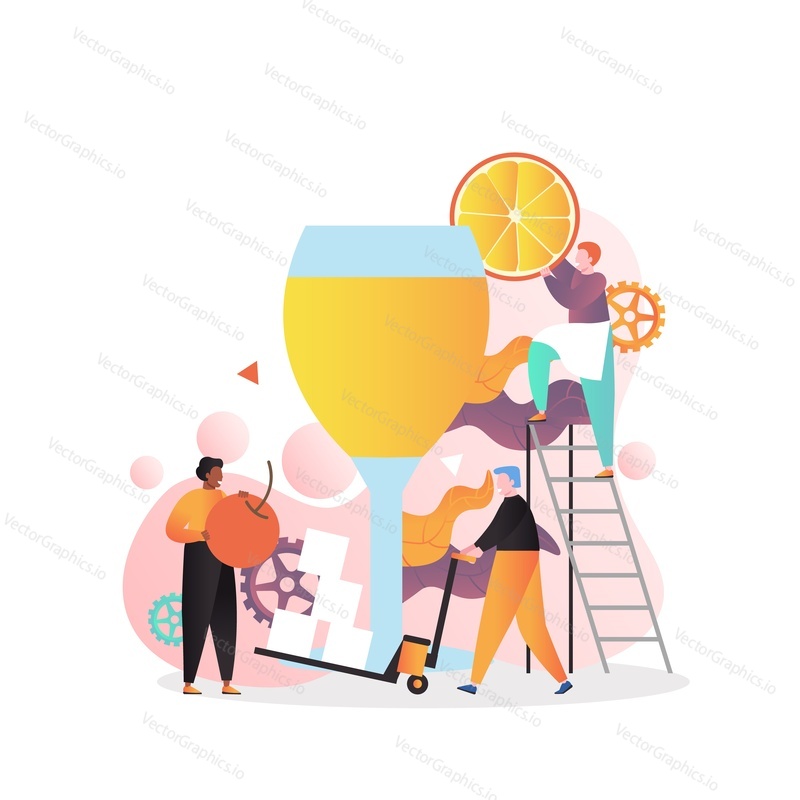 Vektorová ilustrace velké sklenice jasného alkoholického nápoje a drobných postav profesionálních barmanů, kteří dělají koktejl s ledem, třešní a plátkem pomeranče. Koktejlový večírek, alkoholický bar.