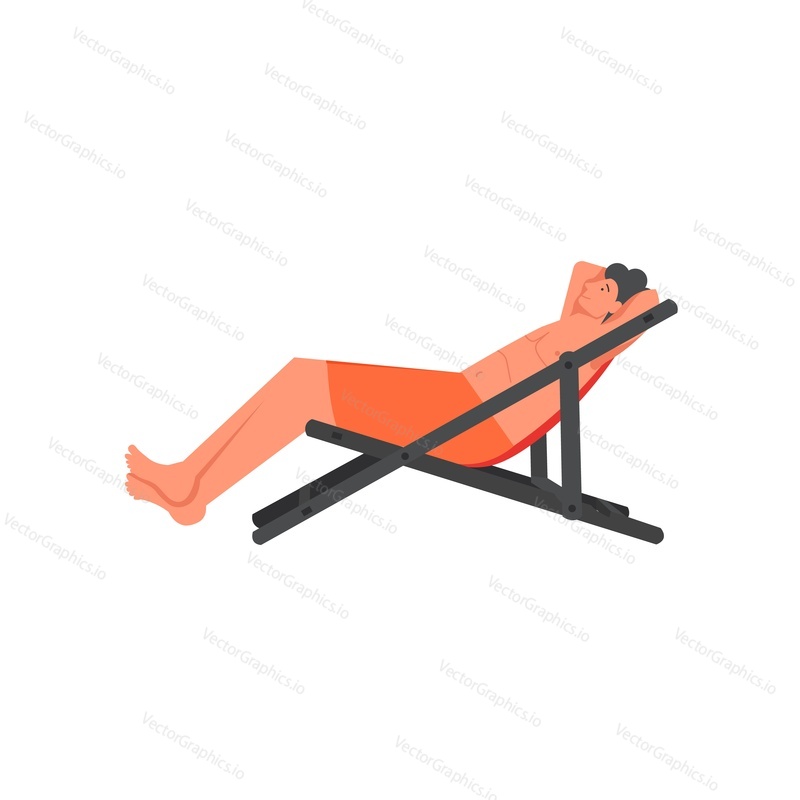 Man sunbathing lying on chaise longue, vector flat style design illustration. Summer beach vacation concept for web banner, website page etc.