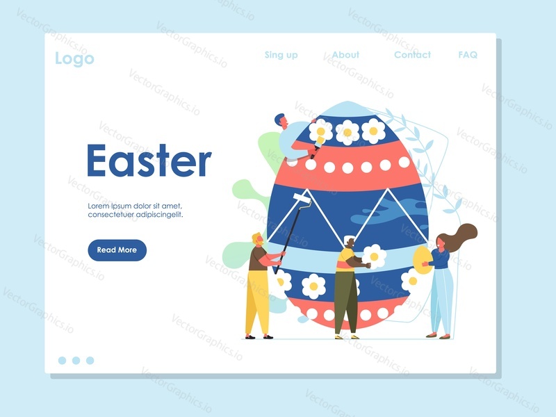 Easter landing page web site template with cartoon characters. Happy family paint easter egg. Vector illustration. Holiday celebration.