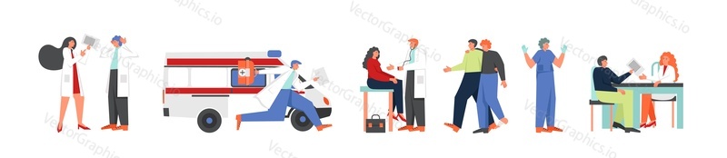 Lékaři a nemocní pacienti, vektorová plochá ilustrace izolovaná na bílém pozadí. Záchranná služba, lékařská prohlídka, předpis, chirurgie. Medicína a zdravotní péče koncept pro web banner, webové stránky.