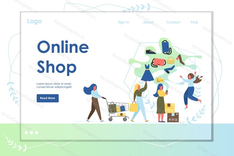Online shop vector website template, web page and landing page design for website and mobile site development. Internet store, online payment concept with happy women doing shopping via web shops.