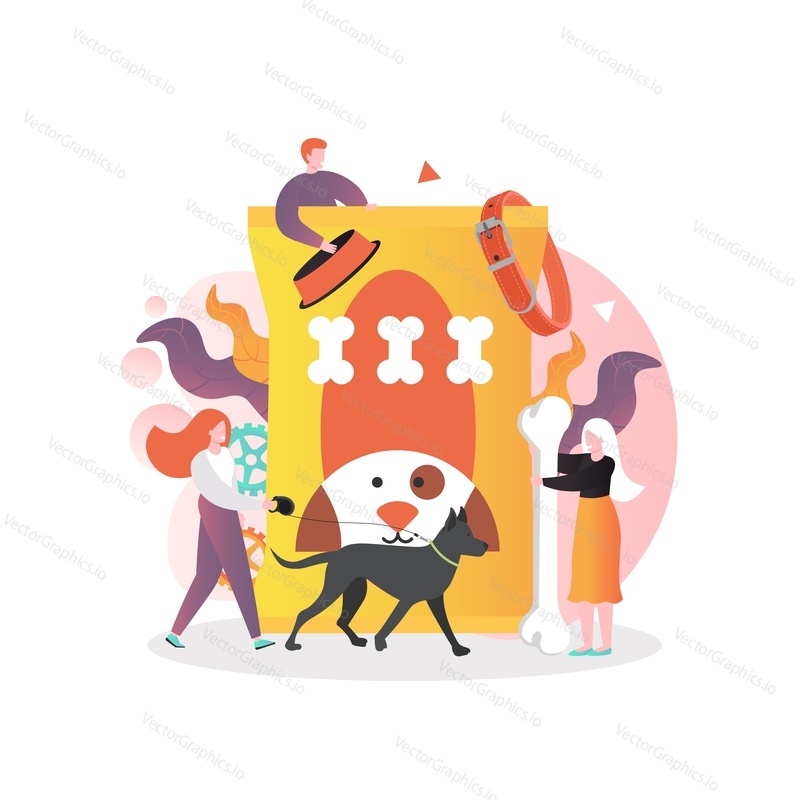 Krmivo pro psy, potřeby a hračky, vektorové ilustrace. Pet shop složení s postavami, výrobky pro péči o psy a příslušenství pro web banner, webové stránky atd.