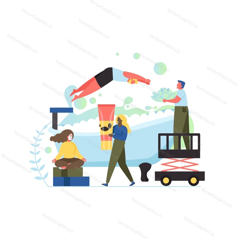 Vector illustration of young people enjoying cosmetic facial treatment and baths. Spa wellness resort services, facemasks, water therapy procedures concept for web banner, website page etc.