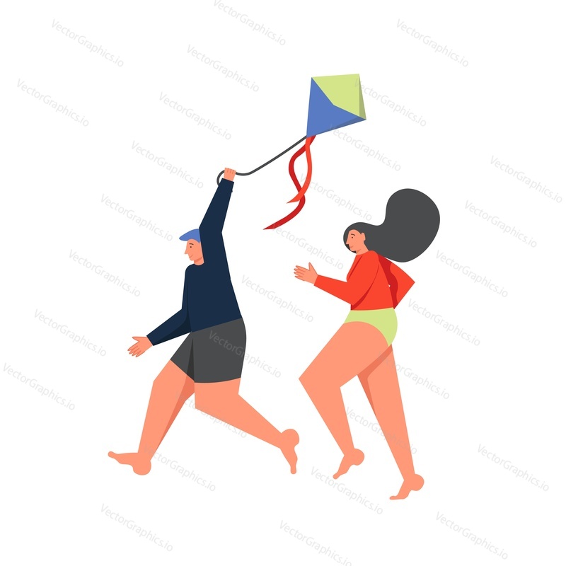 Couple flying kite on string, vector flat style design illustration. Summer beach kite-flying activity concept for web banner, website page etc.