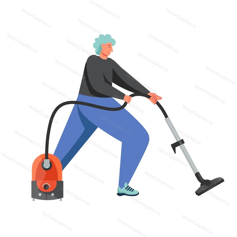 Školník muž vysávání podlahy s vysavačem, vektorové ploché ilustrace izolované na bílém pozadí. Koncept služby Deep home cleaning company pro webový banner, webovou stránku atd.
