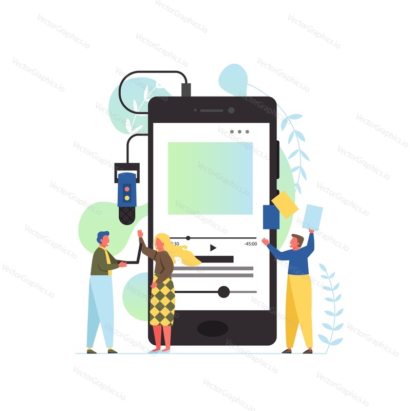 Podcast vector plochý styl designu ilustrace. Audio blog, Aplikace podcast player radio Pro poslech vzdělávacích zpráv sportovní životní styl Hudba další zvukové programy, rozhovory, pořady na digitálních zařízeních.
