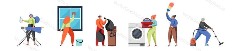 Úklidová společnost personál čistič lady, školník muž s úklid domu zařízení, vector byt izolovaný ilustrace. Čištění oken, praní, žehlení, poprašování, vysávání, sběr odpadků.
