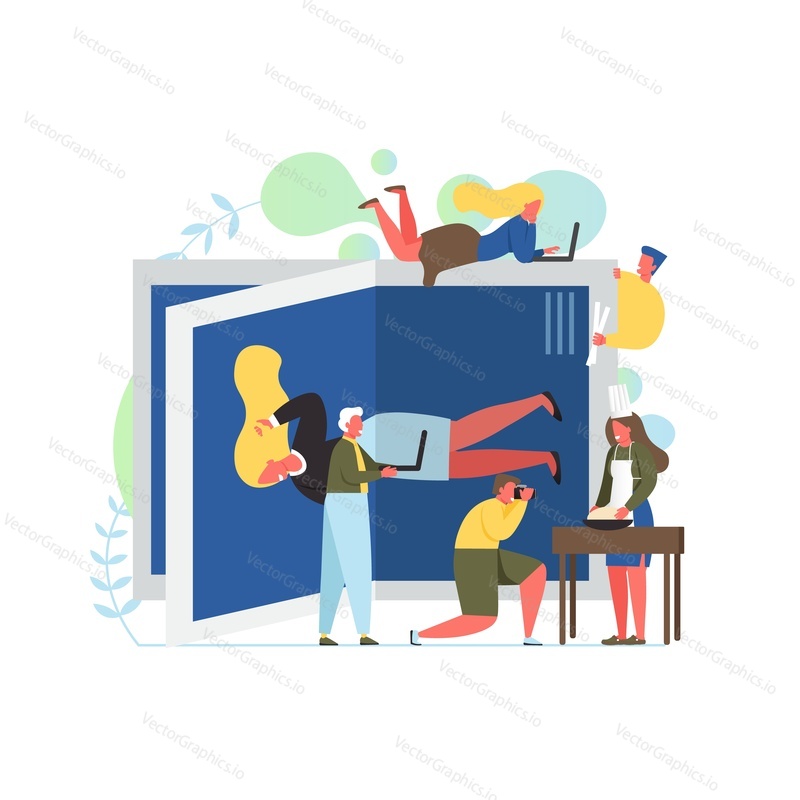 Online food chef magazine, vector flat style design illustration. Professional photographer taking photo of cooking girl. Magazine app concept for web banner, website page etc.