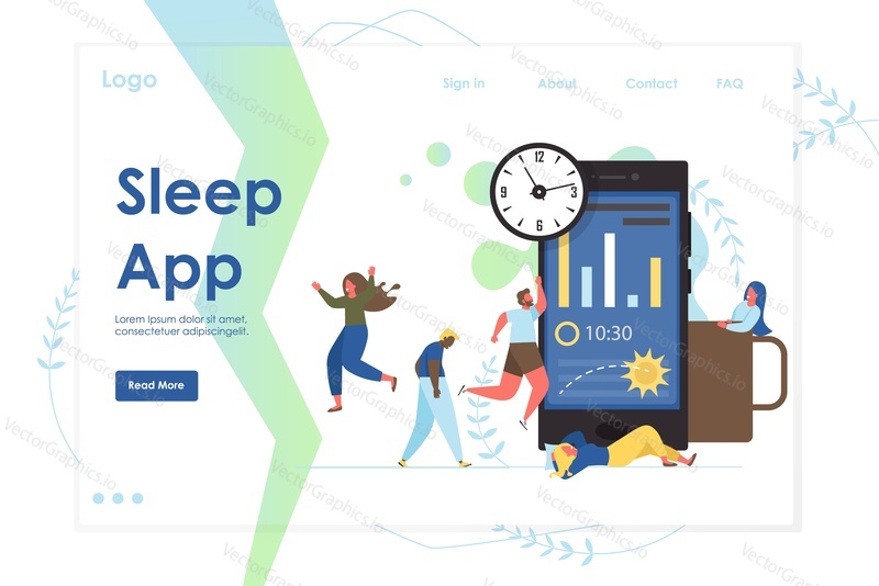 Векторный шаблон веб-сайта Sleep app, дизайн веб-страницы и целевой страницы для разработки веб-сайтов и мобильных сайтов. Концепция приложения Sleep tracker с большим смартфоном и крошечными персонажами.
