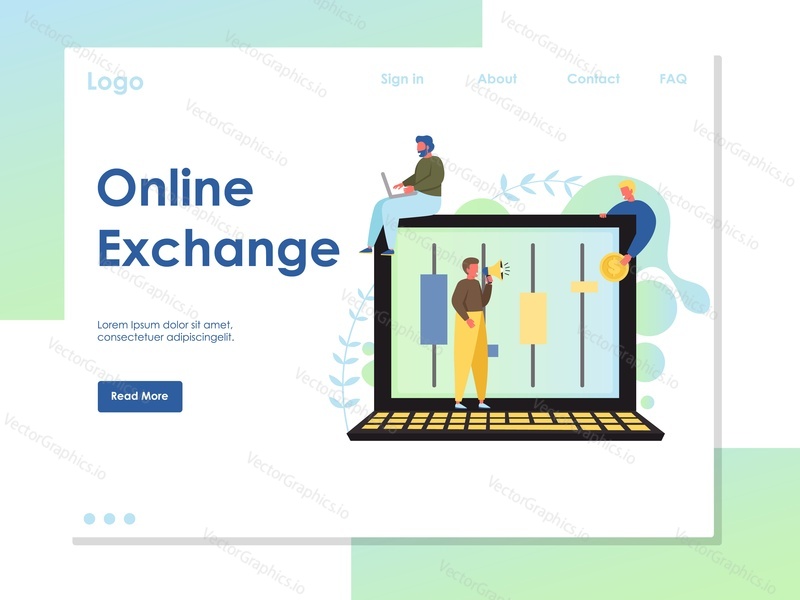 Šablona webových stránek online exchange vector, design webových stránek a vstupních stránek pro vývoj webových stránek a mobilních stránek. Koncept digitálního obchodování s akciemi.