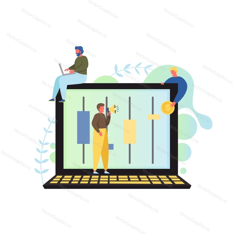 Online stock exchange, vector flat style design illustration. Candlestick chart on big laptop screen, tiny characters. Stock trading concept for web banner, website page etc.