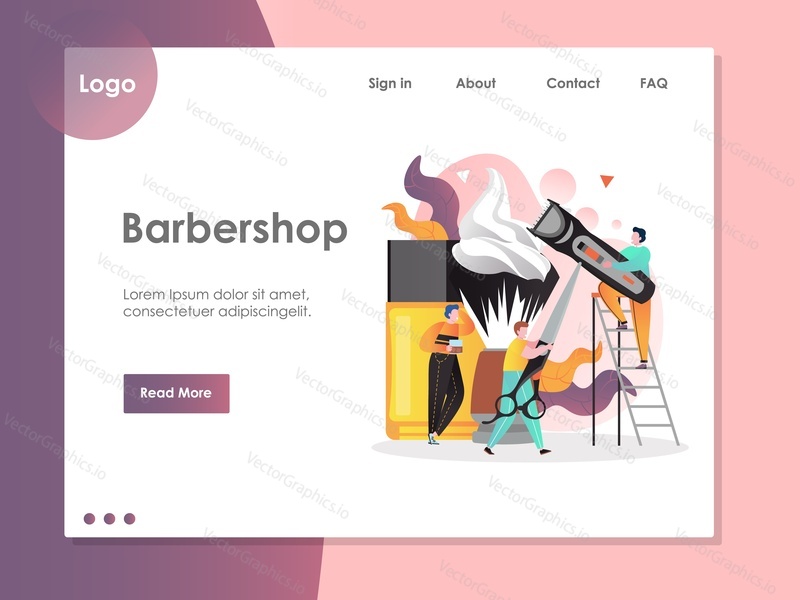 Barbershop vector website template, web page and landing page design for website and mobile site development. Haircut, beard trimming and shaving services concept.