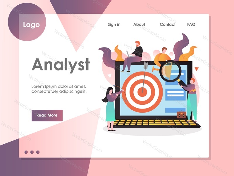 Analyst vector website template, web page and landing page design for website and mobile site development. Analytics concept with characters and laptop computer with target on screen.