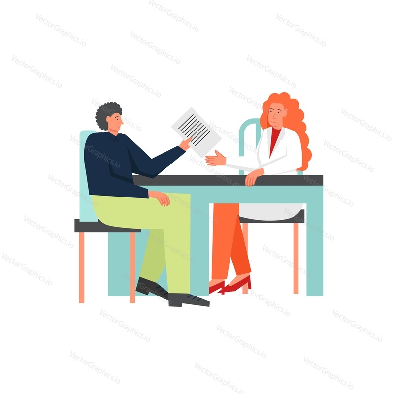 Medical prescription, vector flat style design illustration. Doctor female giving prescription to her patient after medical examination. Medicine and healthcare concept for web banner, website page.