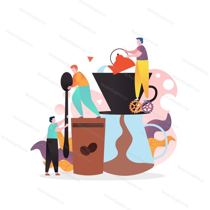 Tiny characters barista team making coffee using big coffee maker, kettle, spoon, vector illustration. Coffee shop, cafe, bar or coffeehouse composition for web banner, website page etc.