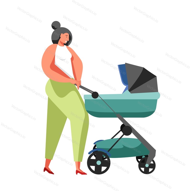 Šťastná matka tlačí dětský kočárek vector flat style design ilustrace izolované na bílém pozadí. Mladá žena chodí s dítětem v kočárku. Šťastná rodina, mateřství, rodičovský koncept.