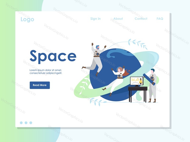 Šablona webu Space vector, návrh webové stránky a vstupní stránky pro vývoj webových stránek a mobilních stránek. Spacewalk, vesmírná expedice, cestovní koncept.