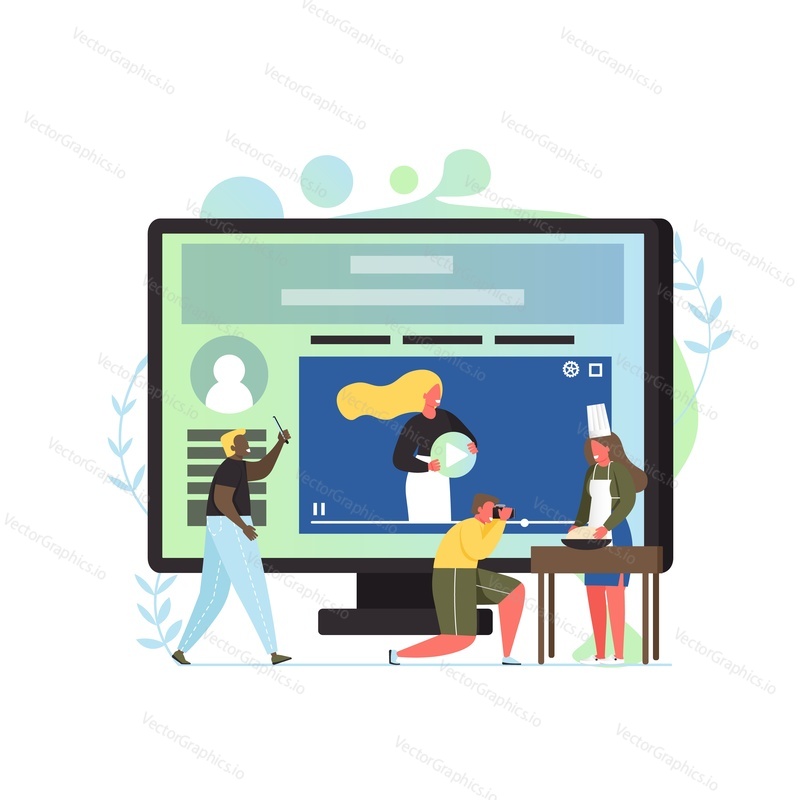 Video blog, vector flat illustration. Big computer and tiny people, videographer taking video of girl making dough. Vlog, creating video content concept for web banner, website page etc.