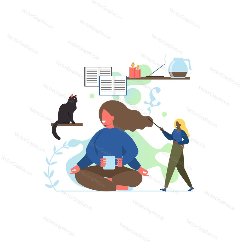 Vektorový plochý styl designu ilustrace mladé dívky sedící se zkříženýma nohama s šálkem čaje. Relaxace, meditace, koncept praxe jógy pro webový banner, webovou stránku atd.